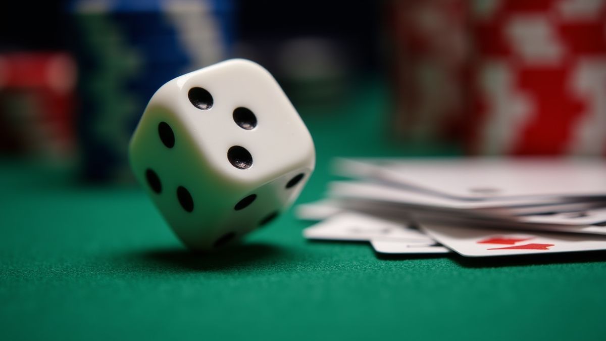 Dados rodando em uma mesa verde de cassino com fichas e cartas ao redor