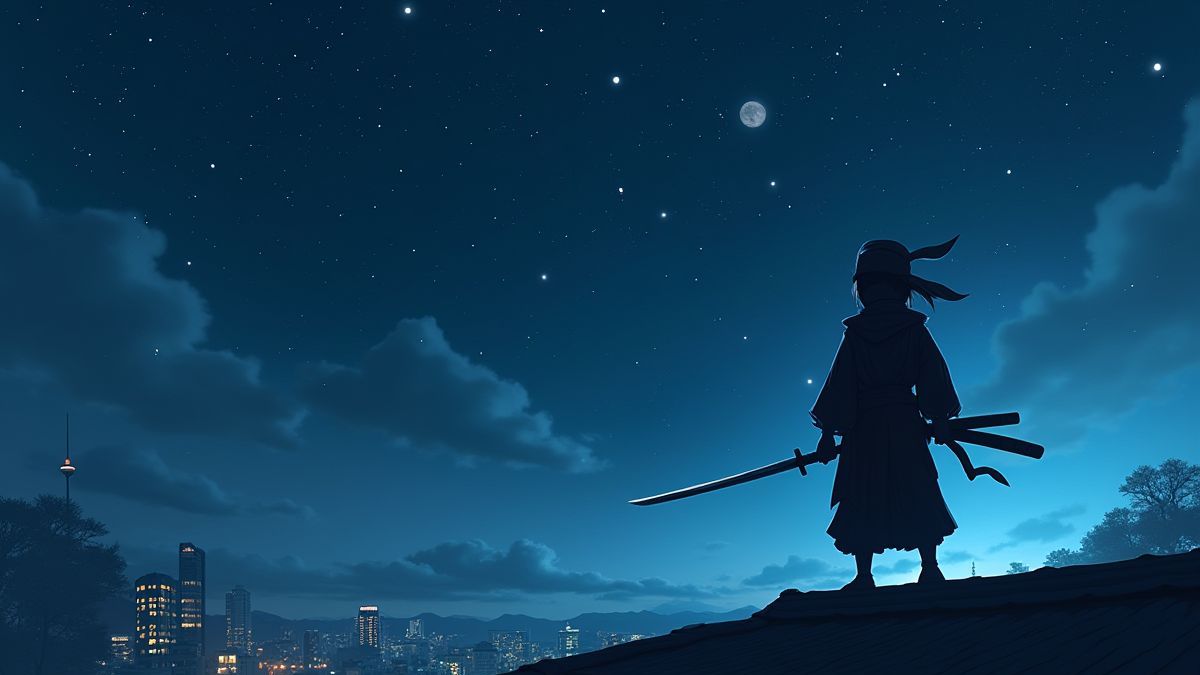 Eine Ninja mit einer Katana unter einem sternenklaren Nachthimmel.