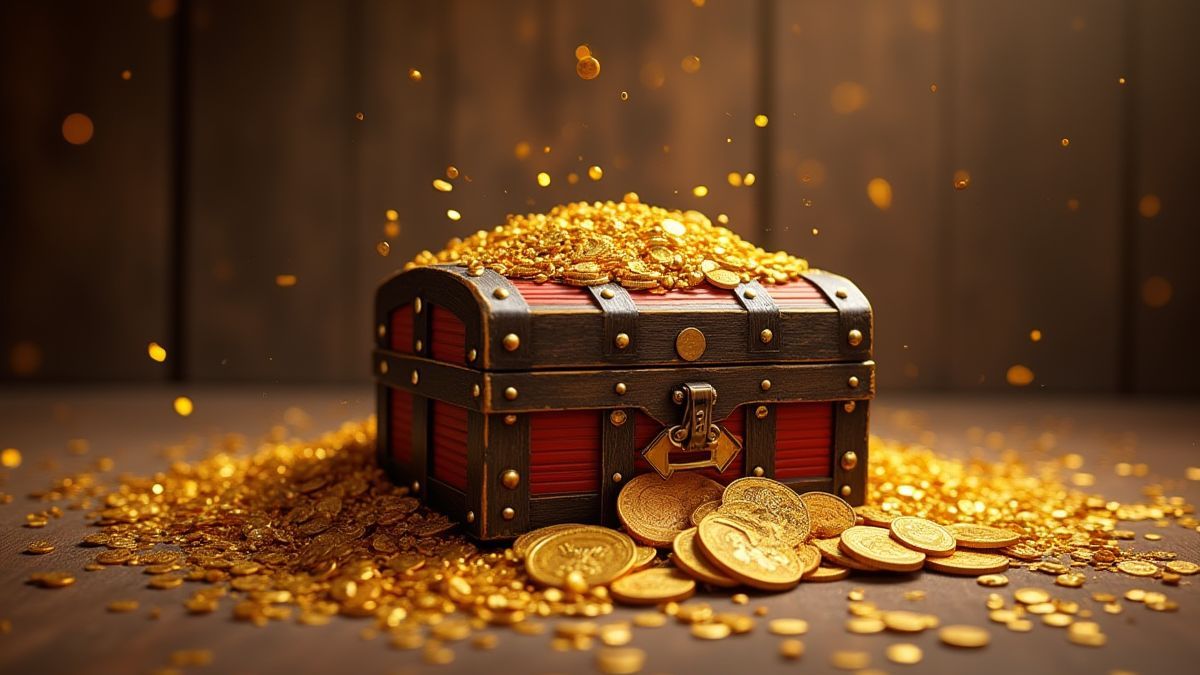 Eine Schatztruhe umgeben von Goldmünzen und Shurikens.