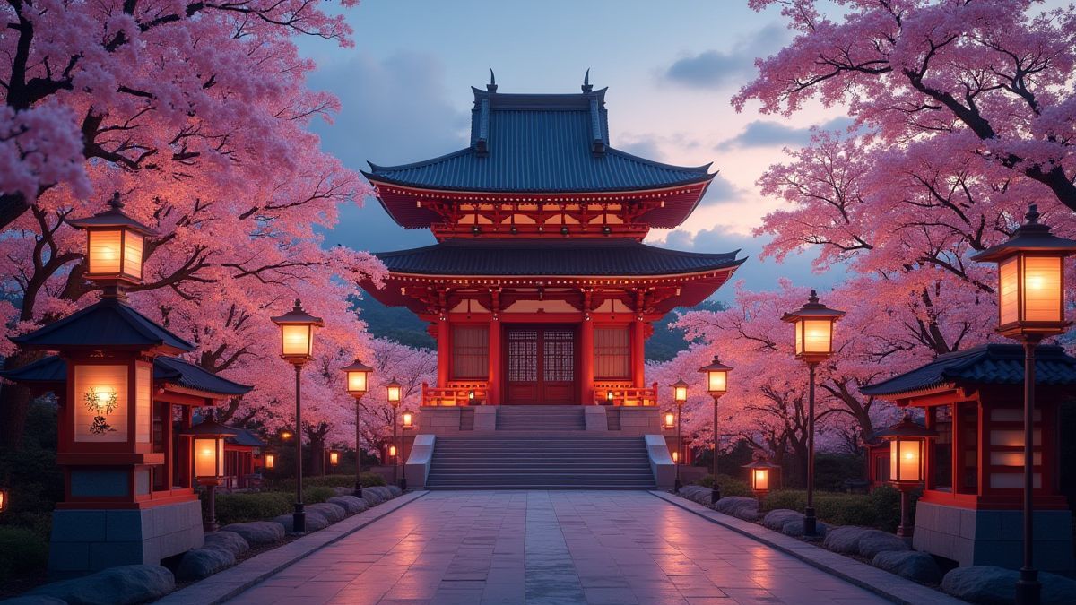 Ein japanischer Tempel umgeben von blühenden Kirschbäumen und Laternen bei Dämmerung.