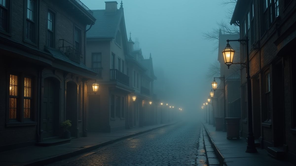 Viktorianische Straßen mit Laternen und Nebel.