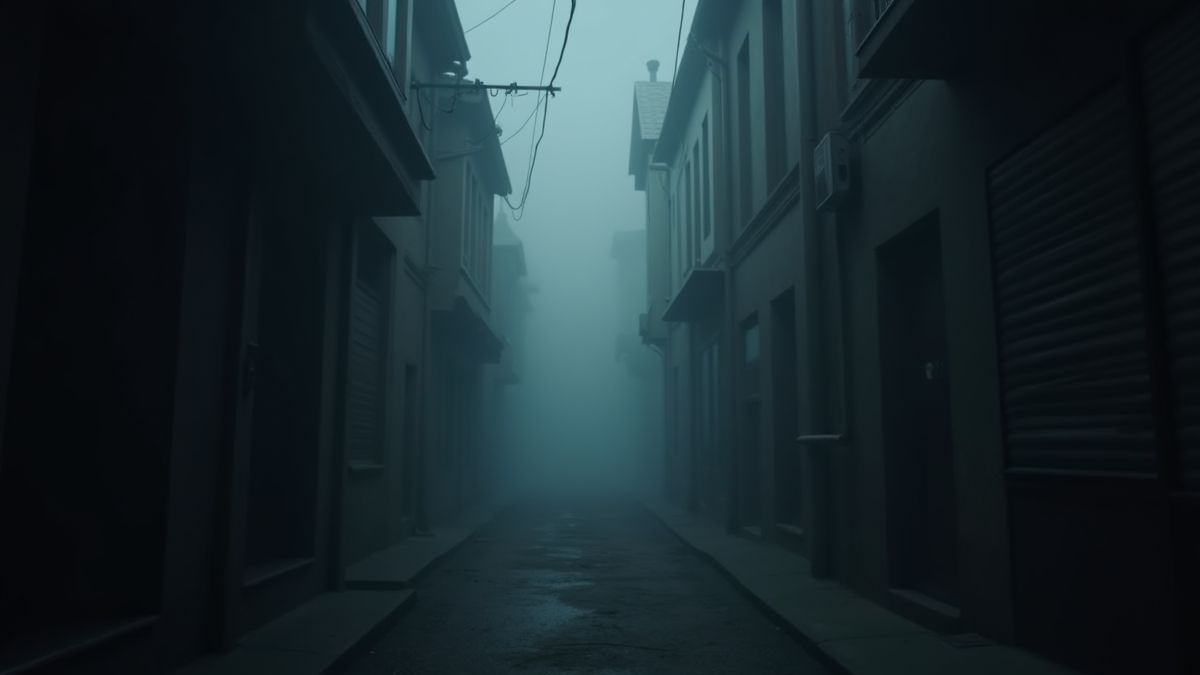 Eine geheimnisvolle, neblige Gasse mit schwachem Licht und Schatten.