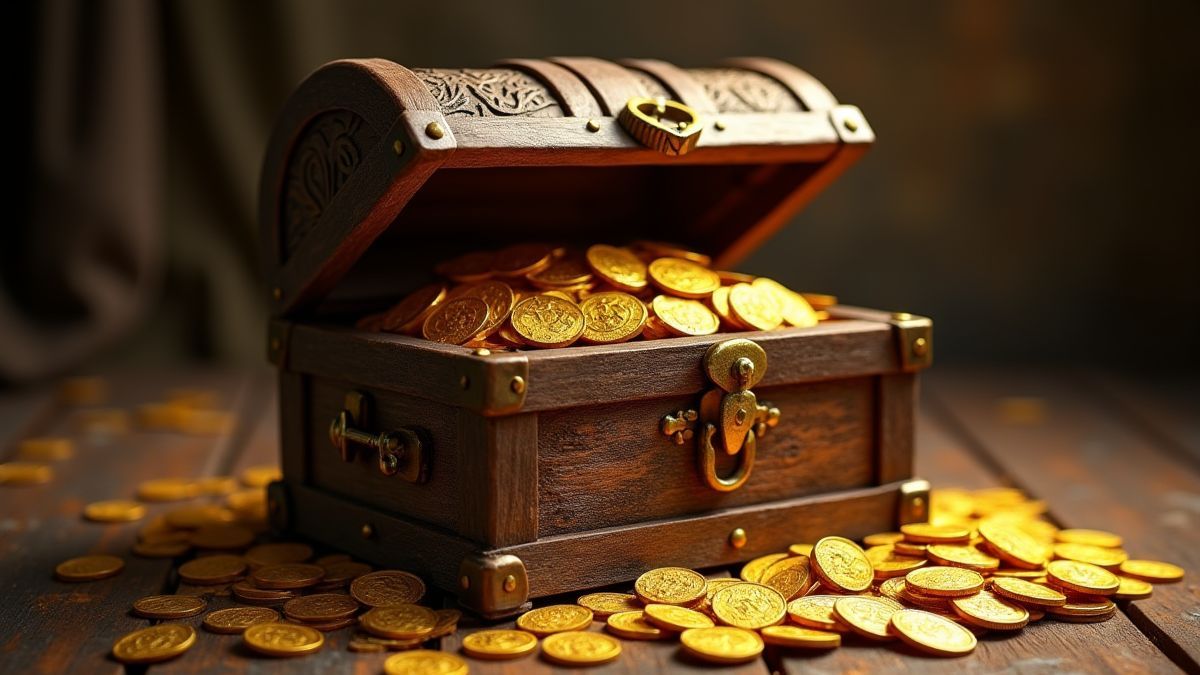 Um baú medieval cheio de moedas de ouro e tesouros brilhantes.