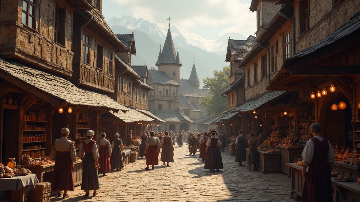 Um mercado medieval com barracas e habitantes vestidos com trajes de época.