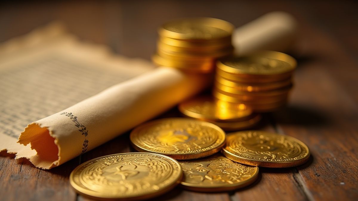 Moedas de ouro empilhadas ao lado de um pergaminho medieval.