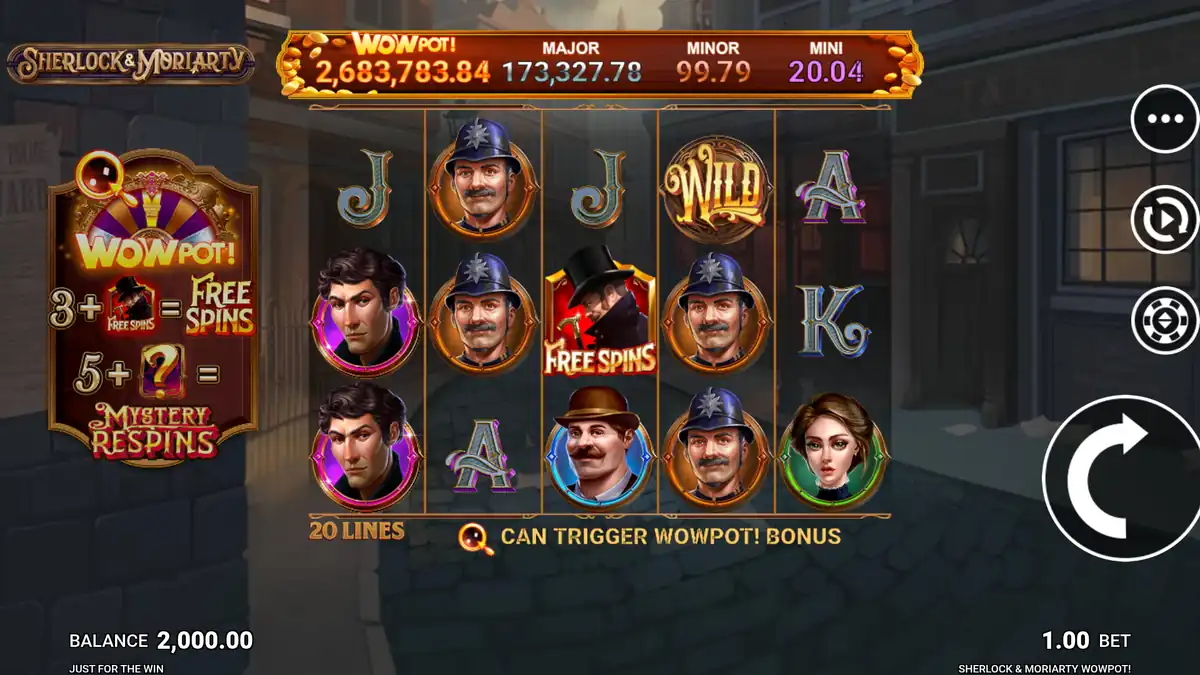 Sherlock and Moriarty WowPot Basisspiel auf einem 5x3-Raster mit 20 Linien und den WowPot-Jackpot-Anzeigen