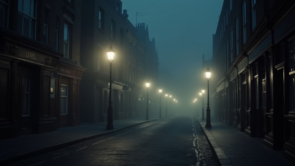 Calles de Londres victoriano con farolas y niebla por la noche.