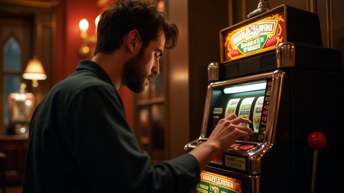 Jugador usando una tragamonedas en una sala estilo victoriano.