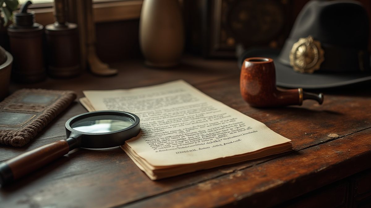 A Victorian desk with detective tools like a magnifying glass and notes.