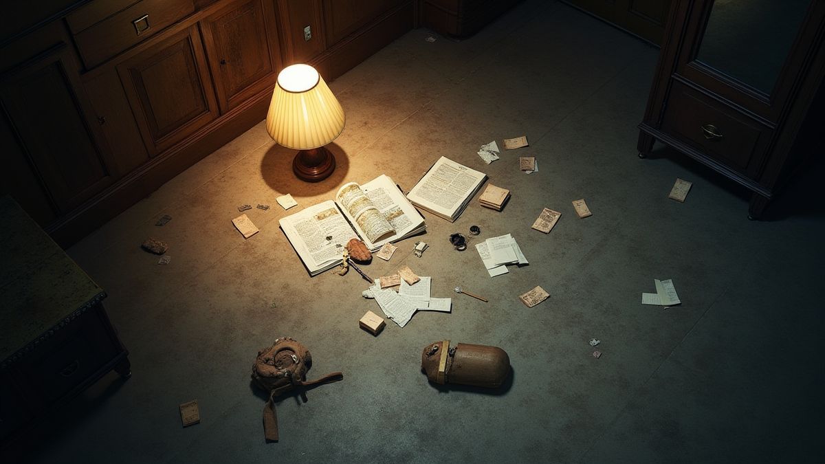 Crime scene with scattered objects like a broken lamp and footprints.