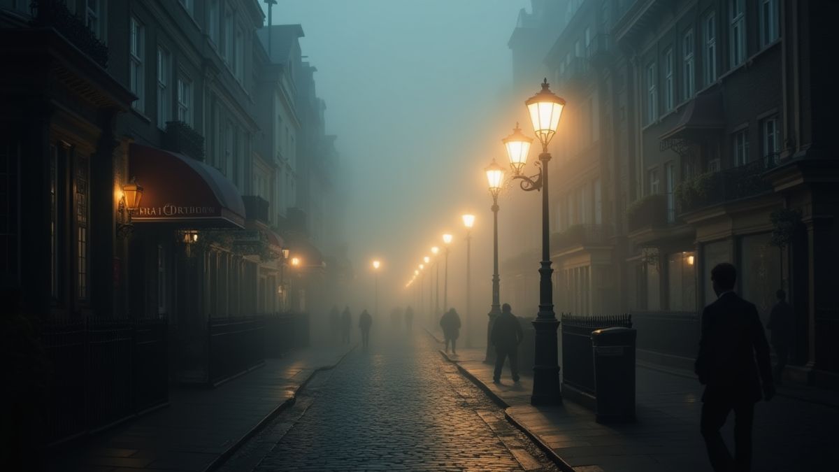 London street with fog, gas lamps, and shadowy figures.