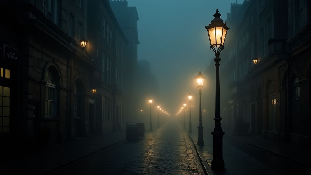 Victorian straten van Londen verlicht door gaslampen.