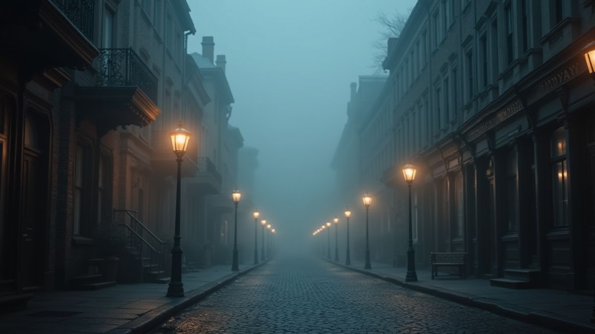 Calle de época victoriana con faroles y niebla.
