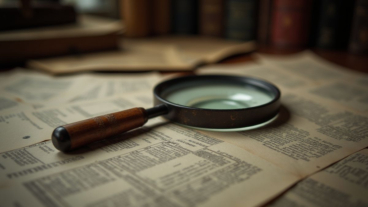 Oficina de detective con lupa y papeles esparcidos.