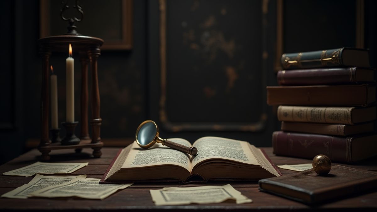 Estudio victoriano con objetos de investigación.