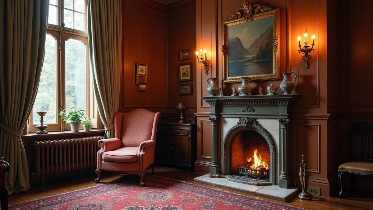 Habitación victoriana acogedora con chimenea.