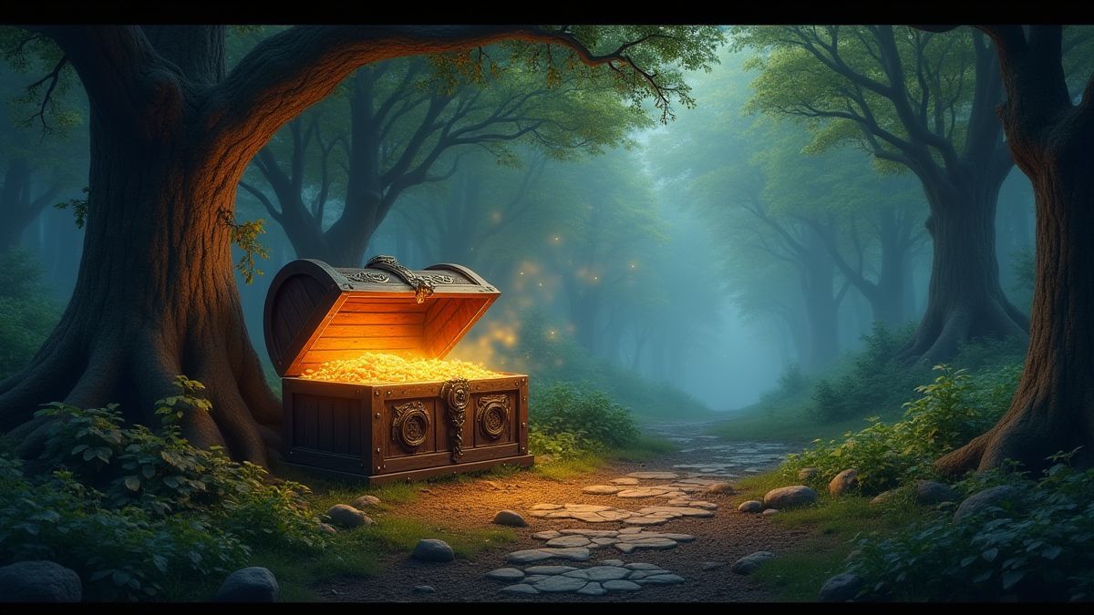 Schatztruhe unter magischen Bäumen im mittelalterlichen Stil.