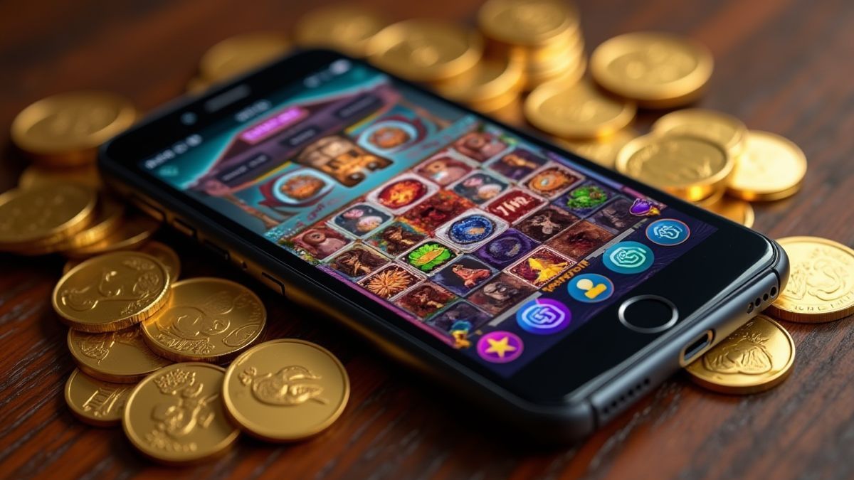 Mobilgerät zeigt lebendige Slot-Grafiken umgeben von Münzen und Schätzen.
