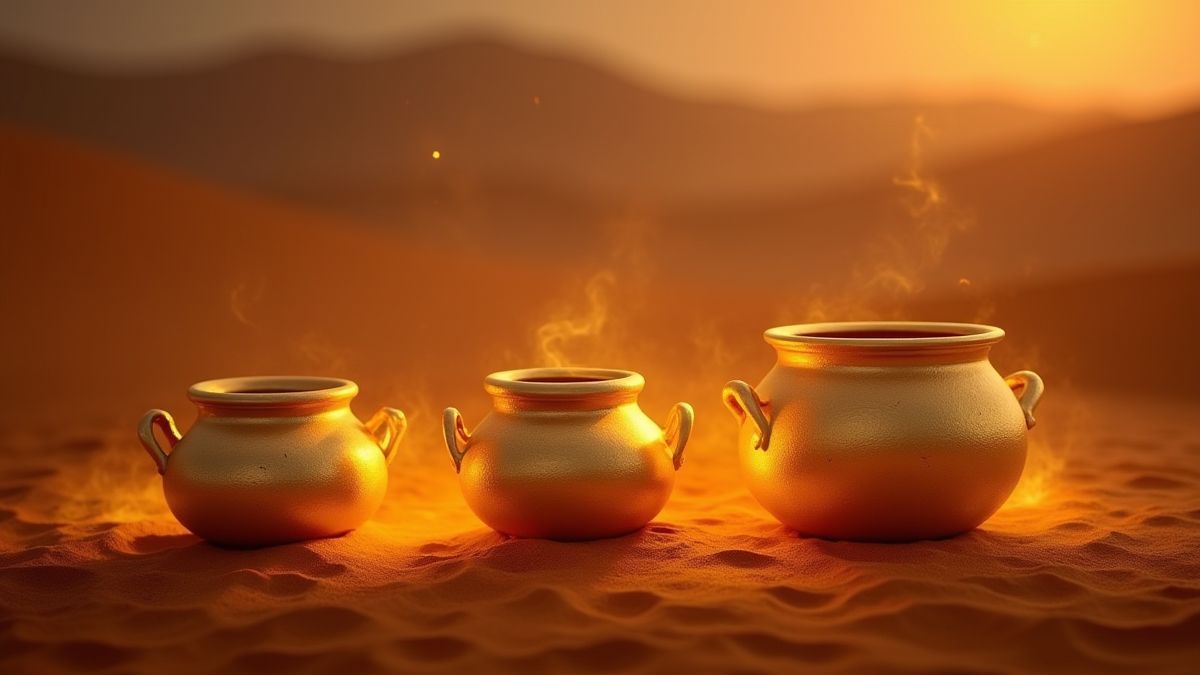 Gouden potten verlicht in een woestijn achtergrond.
