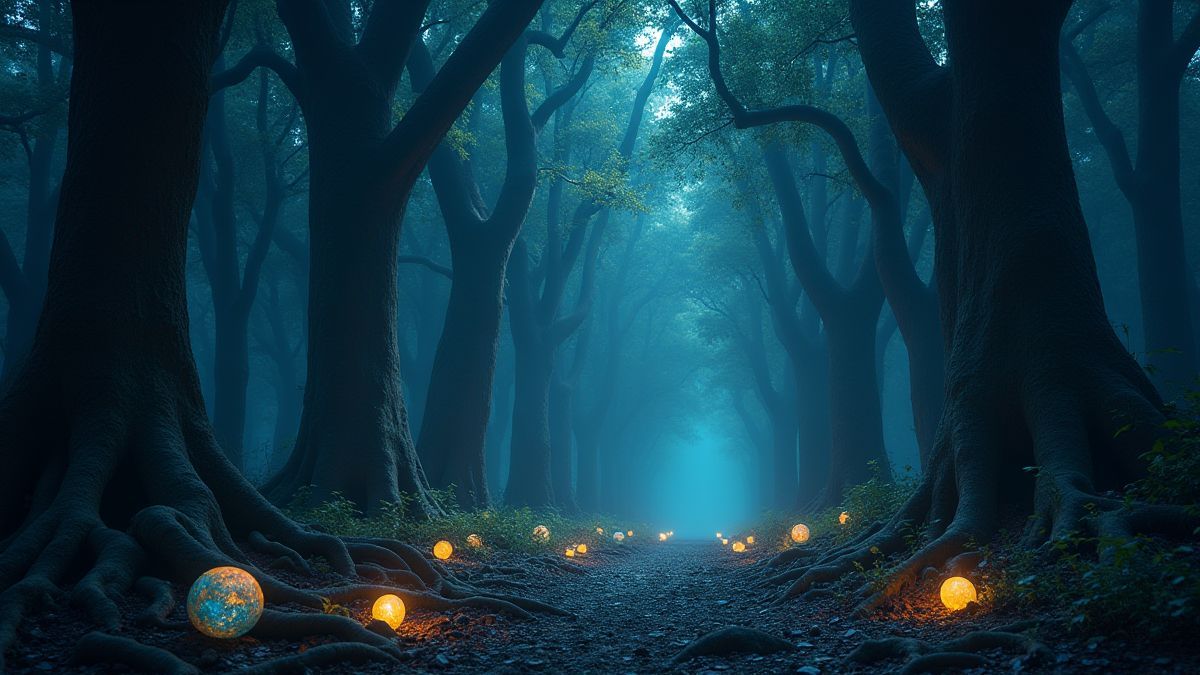 Ein verwunschener Wald mit leuchtenden Bäumen und glitzernden Edelsteinen.