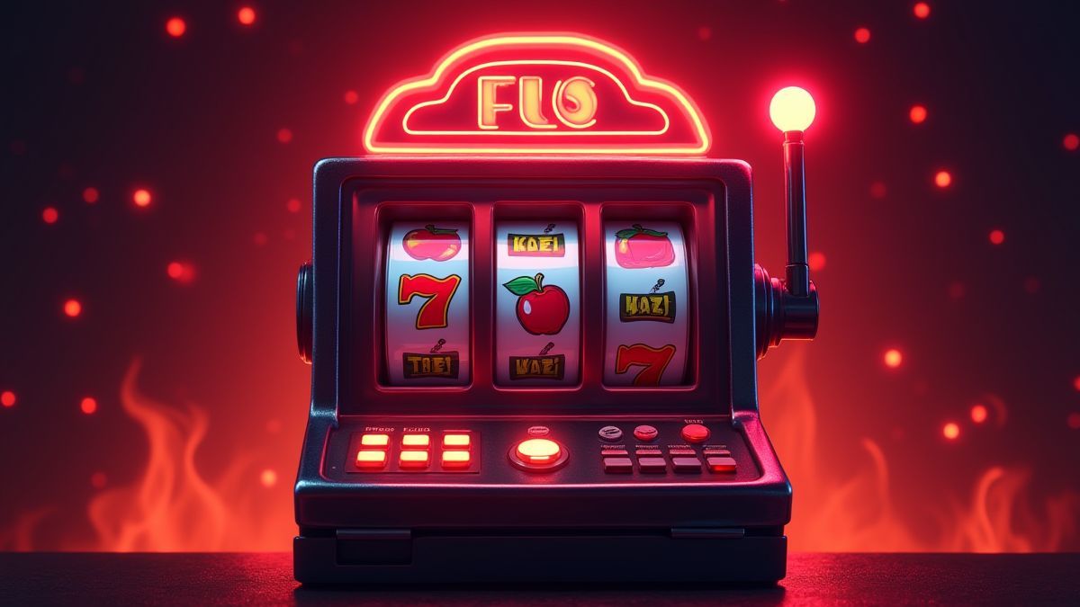 Slot machine with fruits and neon lights in a fiery background.