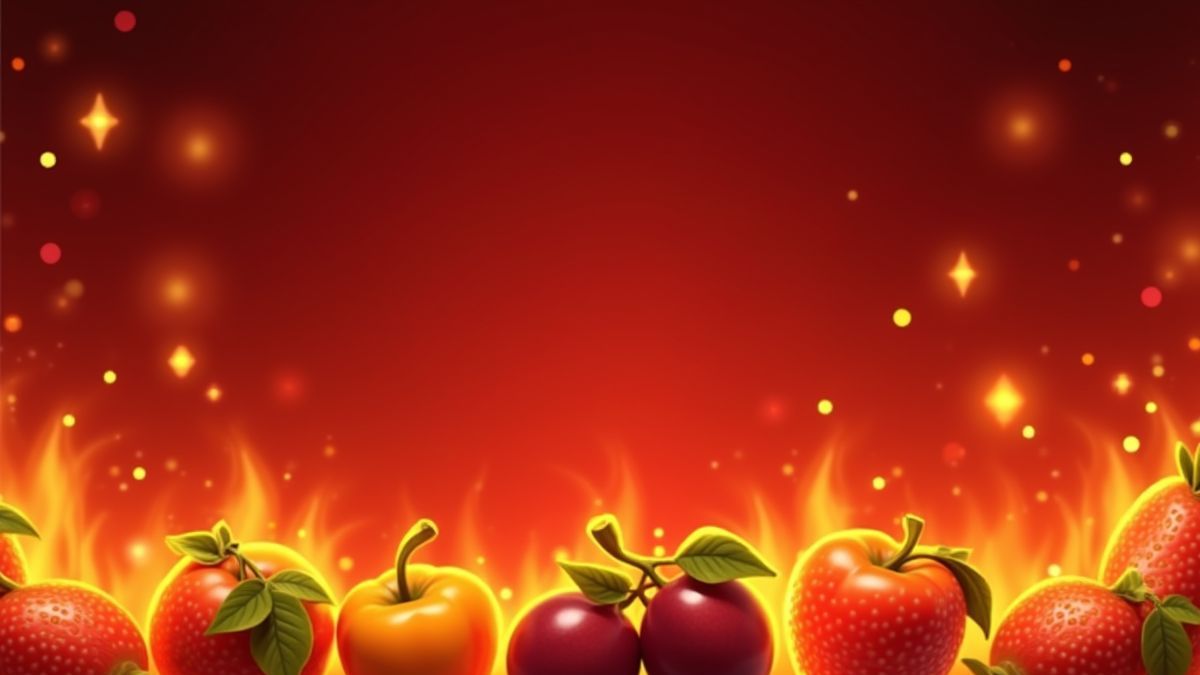 Animated fiery background with bright fruits and bells.