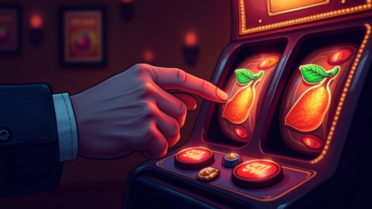 Hand die de draaiknop indrukt op een retro gokkast.