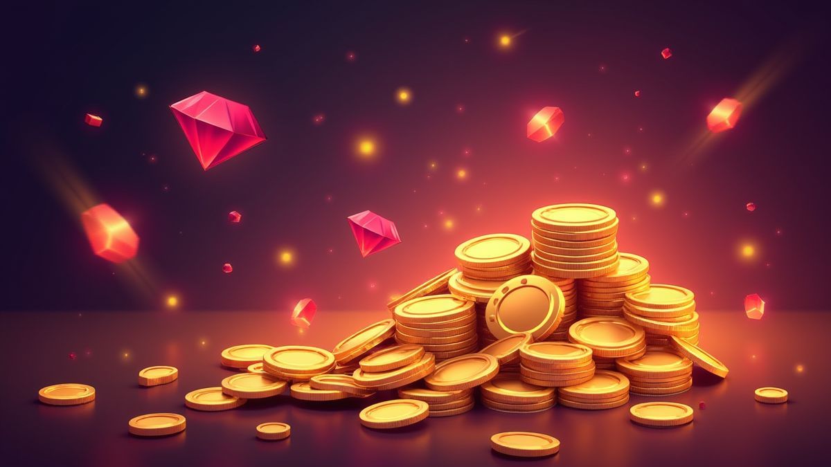 Munten en diamanten stralend in een casino setting.