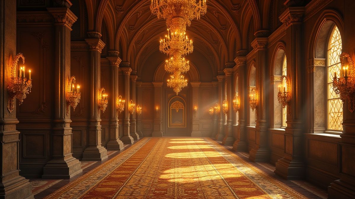 Interior de um castelo medieval com decoracoes de ouro e joias.