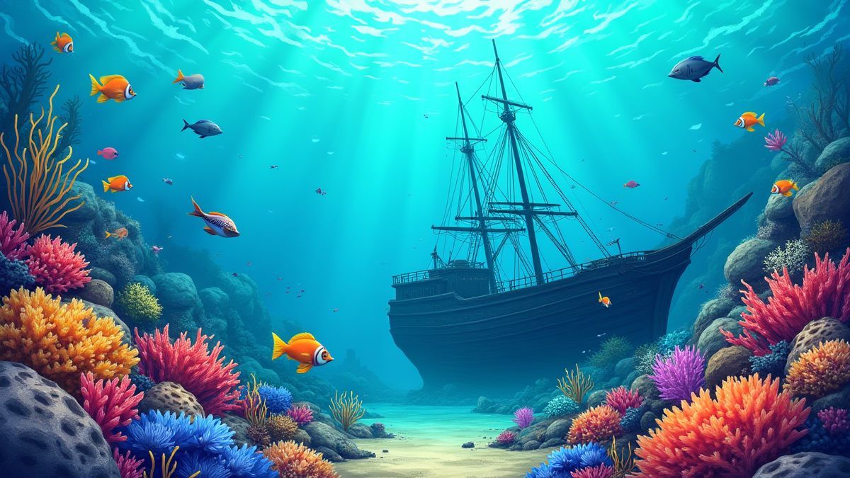 Ein bunter Unterwasserhintergrund mit Fischen und einem gesunkenen Schiff.