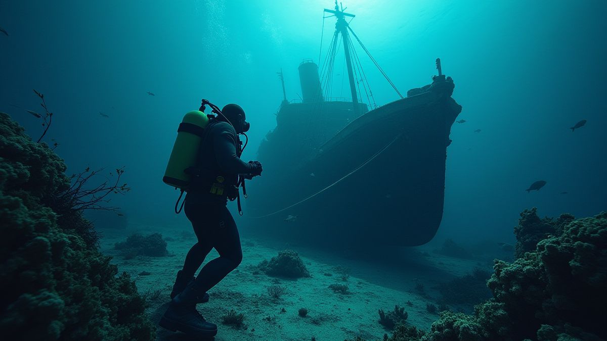 Ein Taucher, der ein gesunkenes Schiff umgeben von Fischen erkundet.