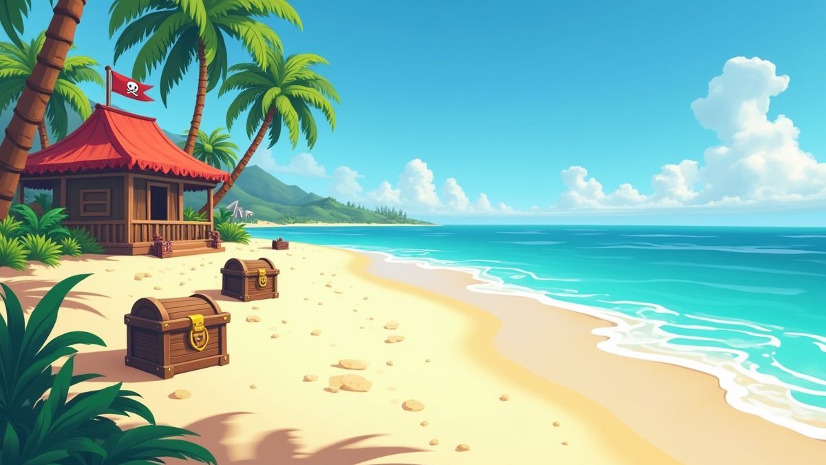 Uma ilha tropical com bandeiras piratas e baús do tesouro na areia.