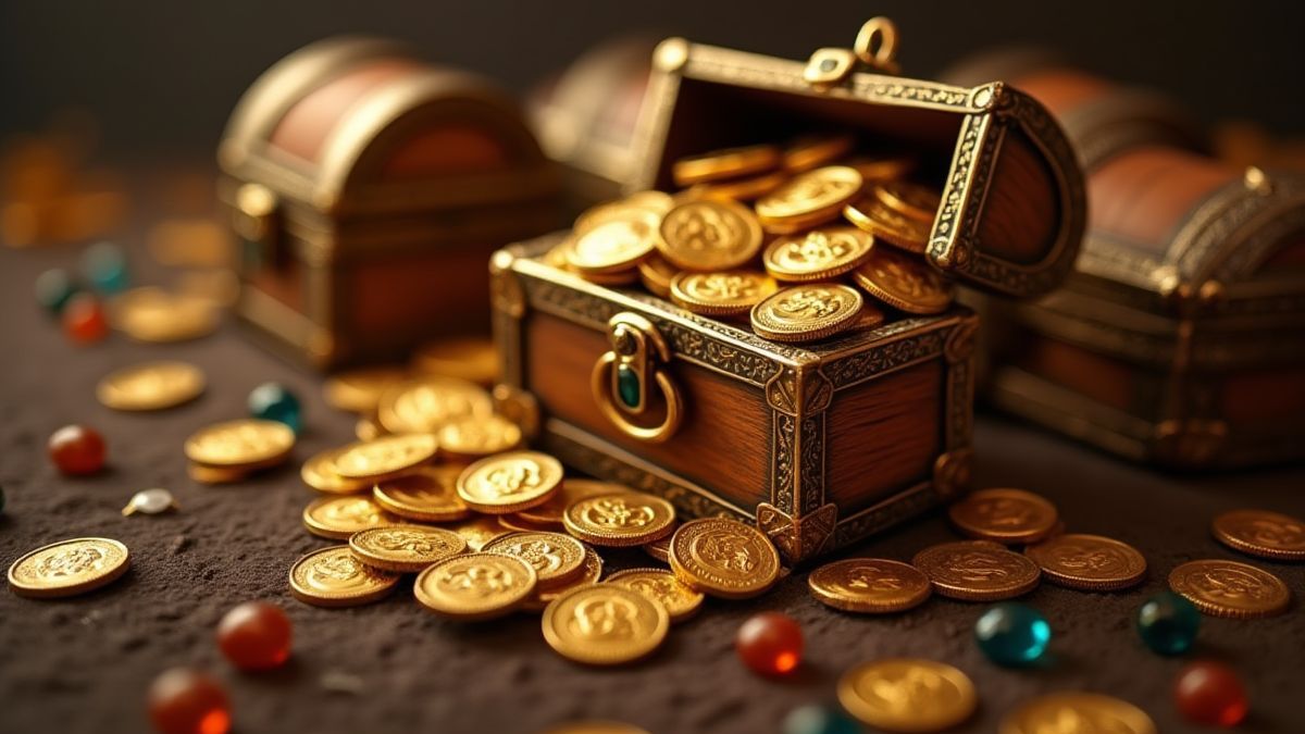Baús do tesouro repletos de moedas de ouro e joias.