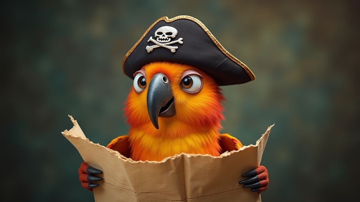 Um papagaio pirata com chapéu de capitão e um mapa.