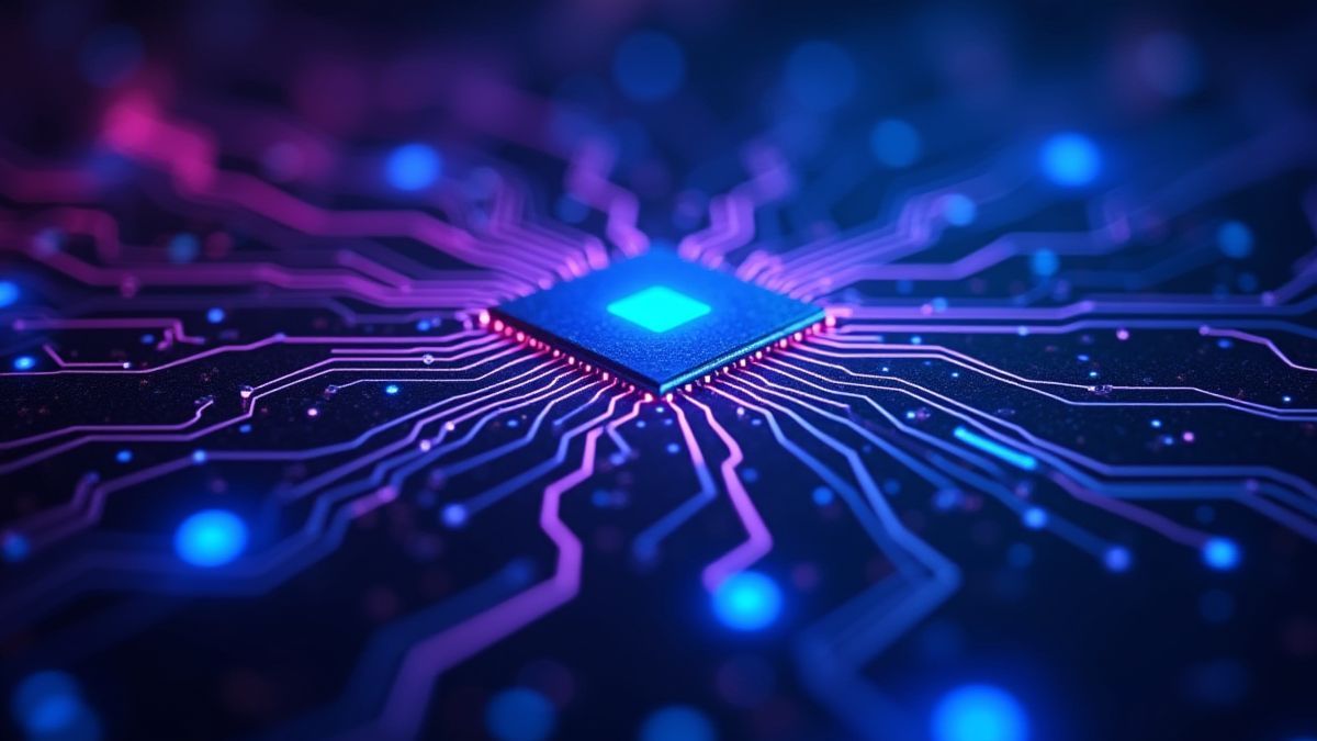Futuristisch circuitbord met blauwe en paarse lichten
