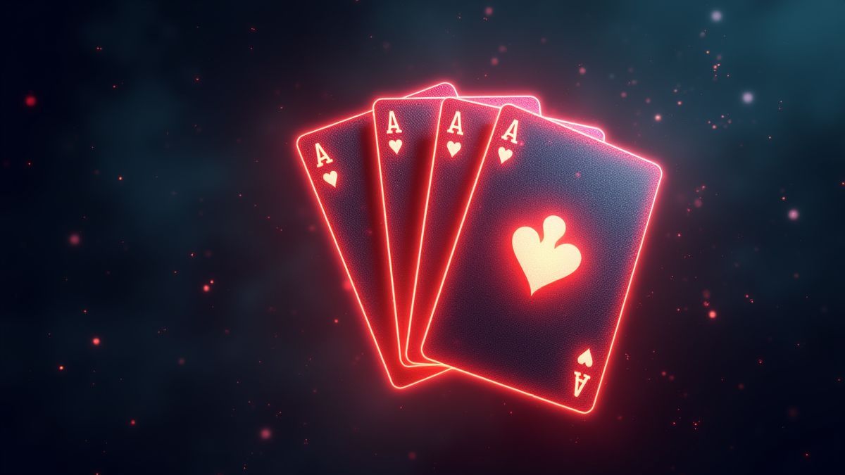 Leuchtende Pokerhand mit Four-of-a-Kind-Karten, die im Weltraum zwischen Sternenstaub schwebt.