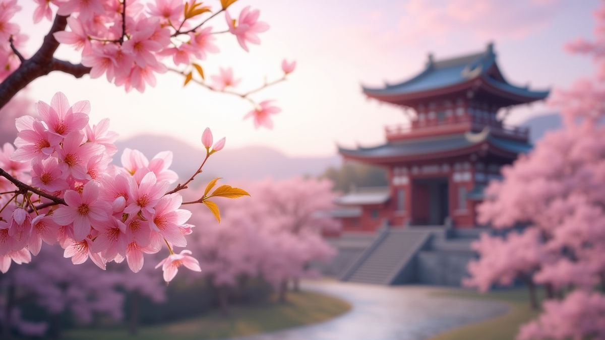 Cerejeiras em flor com um templo samurai ao fundo.