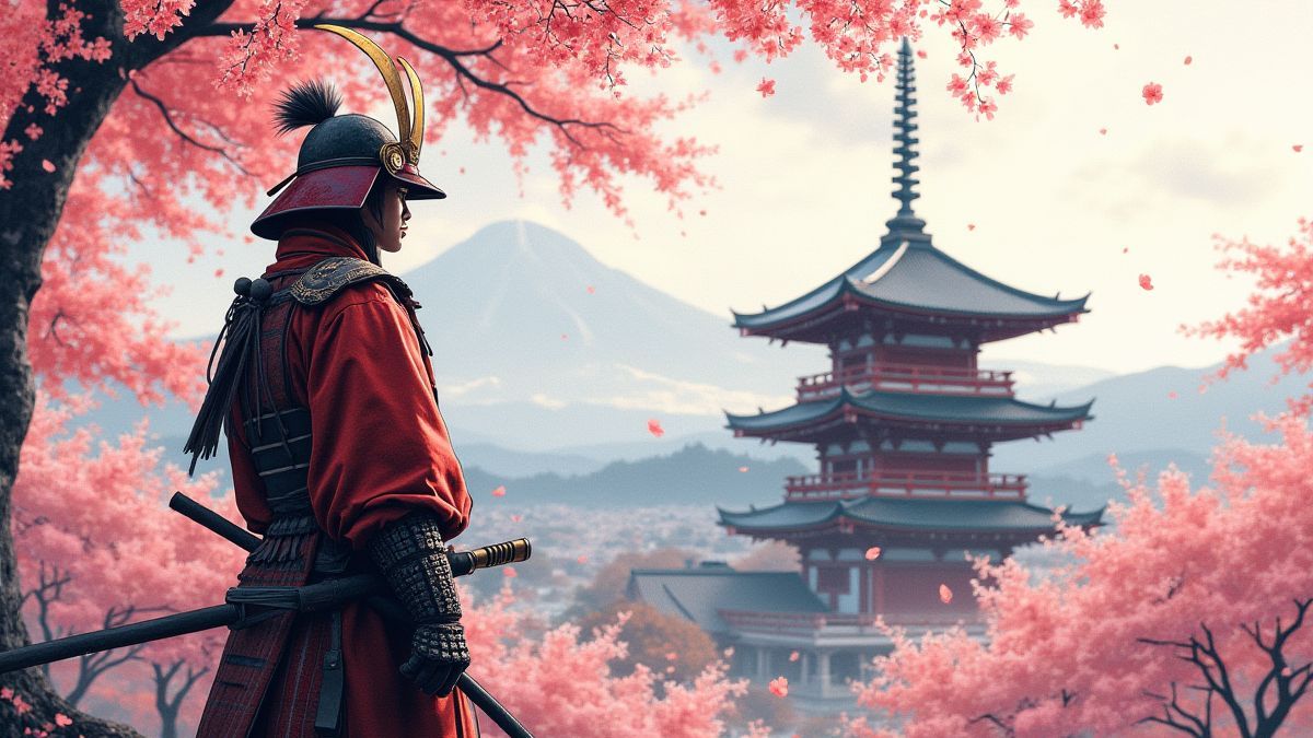 Um samurai frente a uma pagoda tradicional japonesa