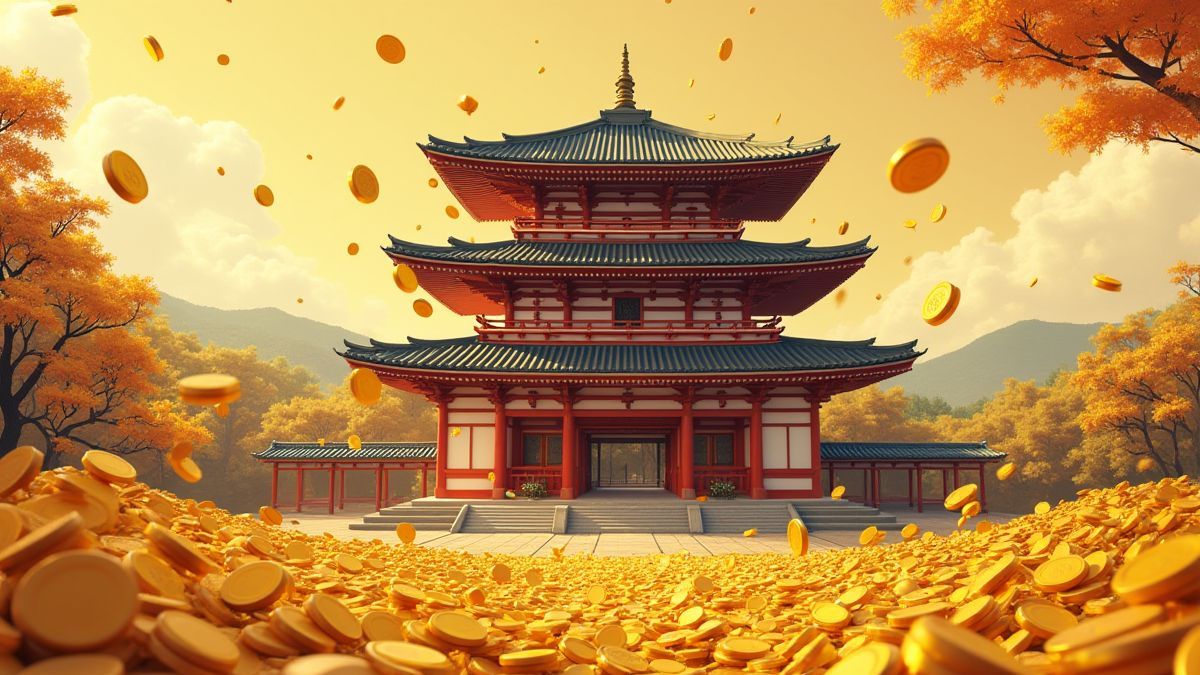 Um templo japonês rodeado de moedas douradas
