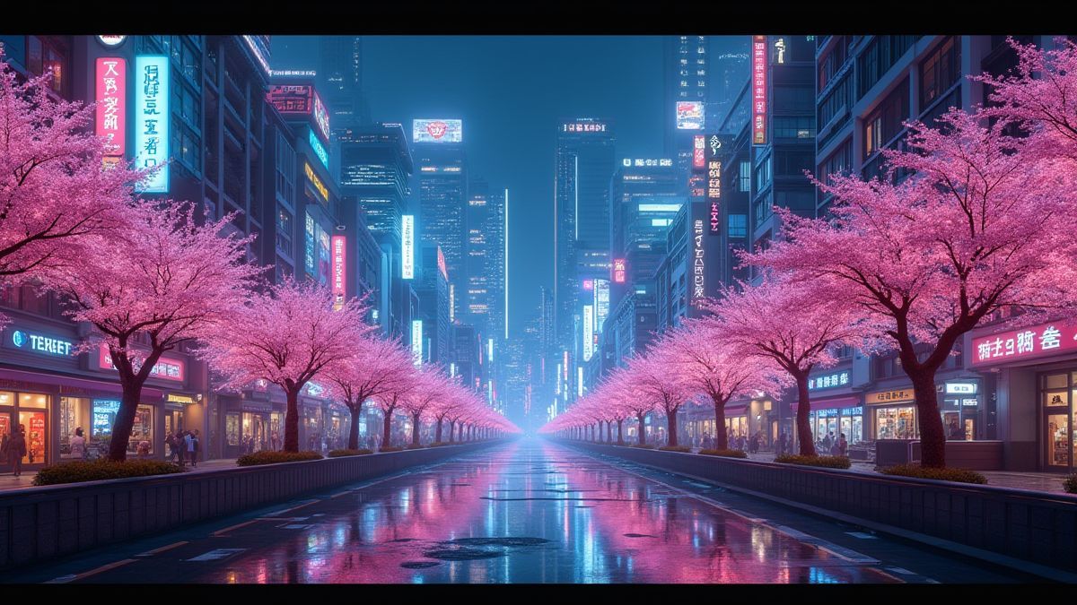 Eine japanische Stadt im Cyberpunk-Stil mit Neonlichtern und Kirschblüten.