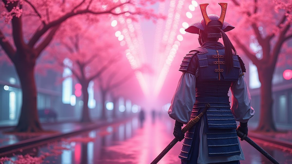 Ein futuristischer Samurai unter Kirschblüten mit Neonlichtern im Hintergrund.