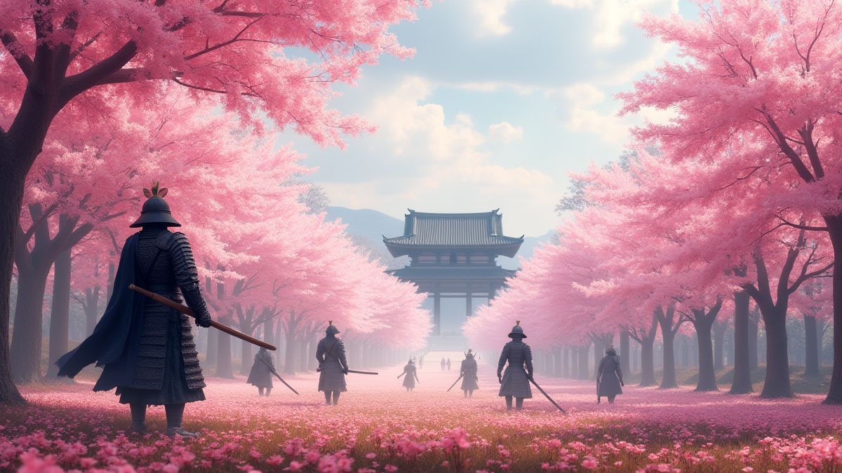 Japanse slagveld met kersenbomen en oude harnassen.