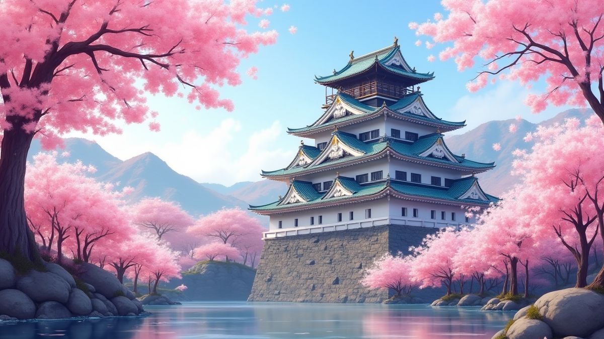 Japans kasteel omringd door kersenbloesems in de lente.
