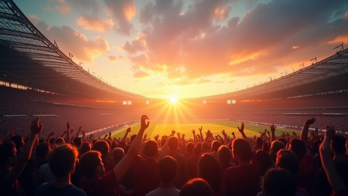 Estadio de fútbol al atardecer con aficionados celebrando.