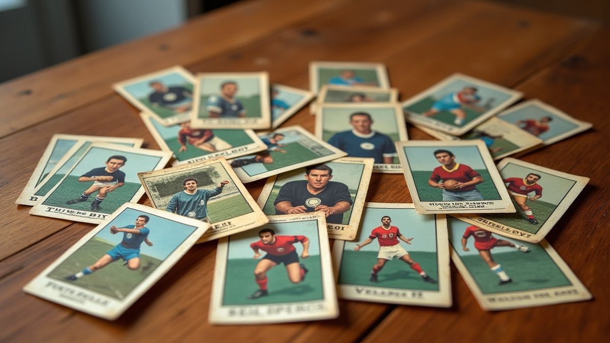Cartas de intercambio de fútbol vintage en una mesa de madera.