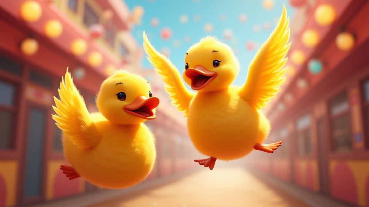 Patos dorados volando en un ambiente de feria
