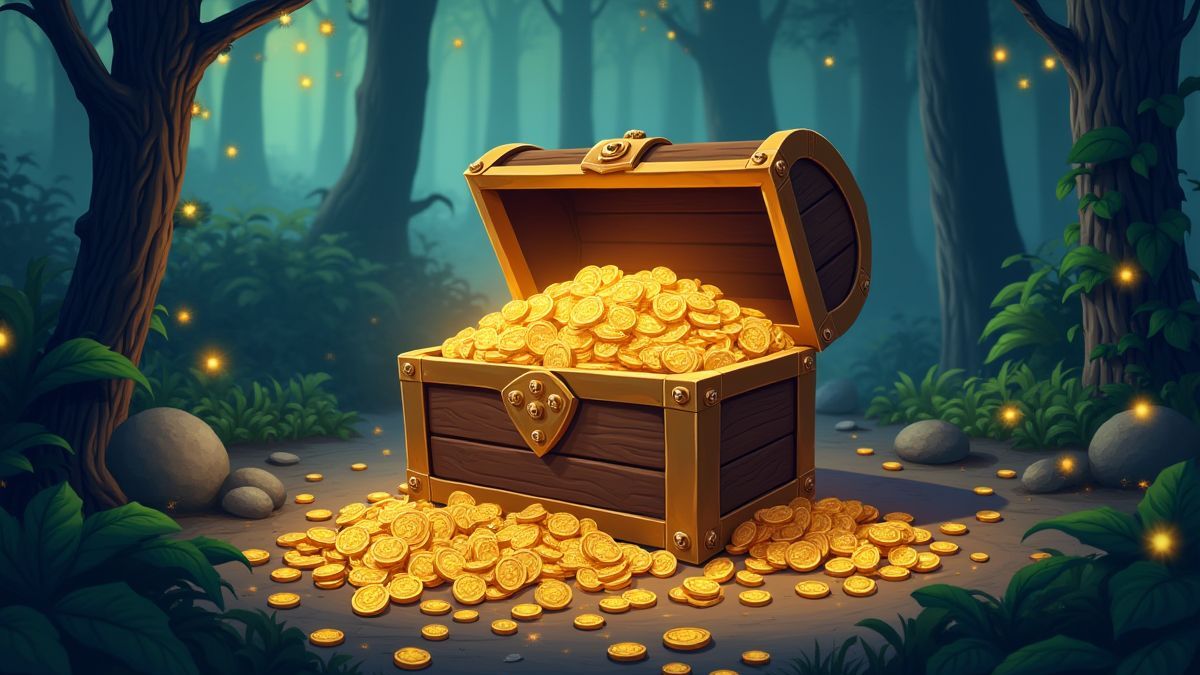 Cofre del tesoro lleno de monedas y gemas