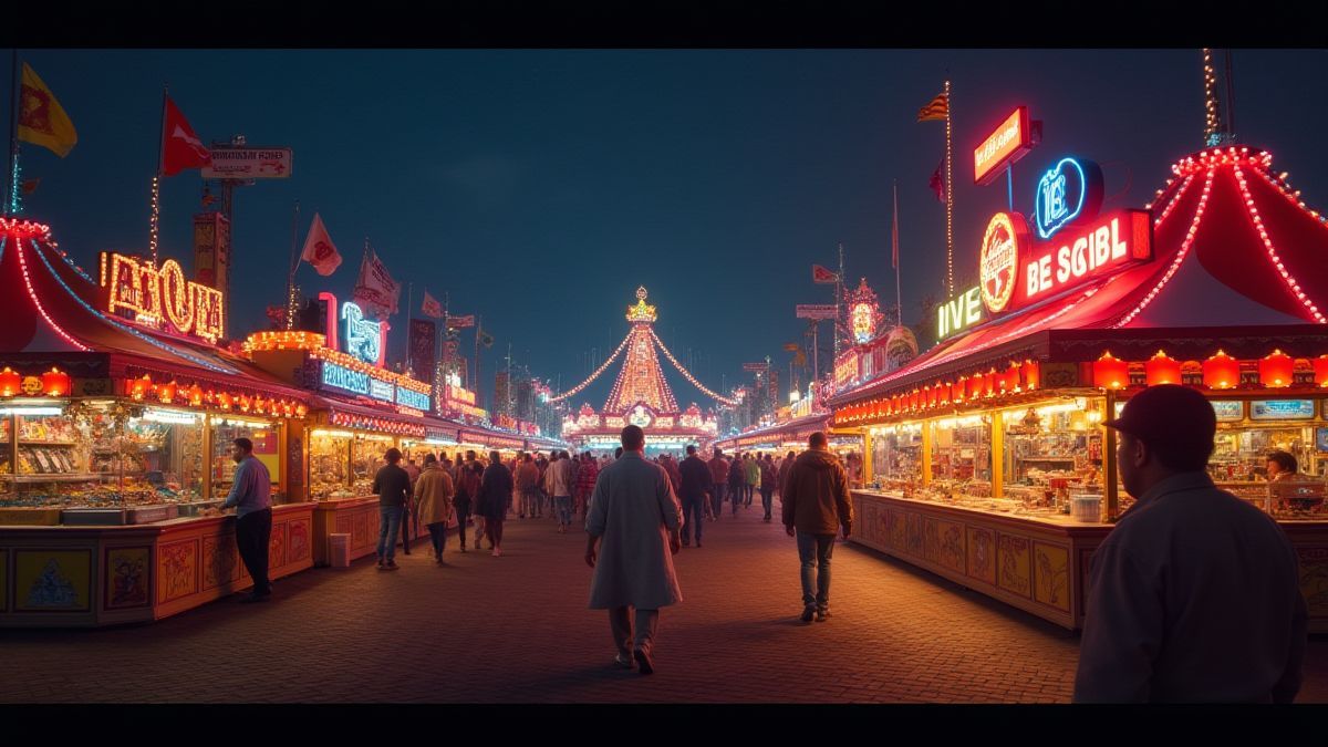 Escena de carnaval con luces y puestos de juegos