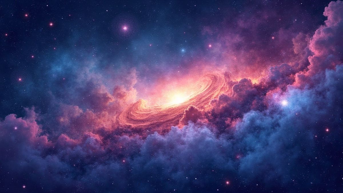 Eine Galaxie voller leuchtender Sterne und farbenfroher Nebel.