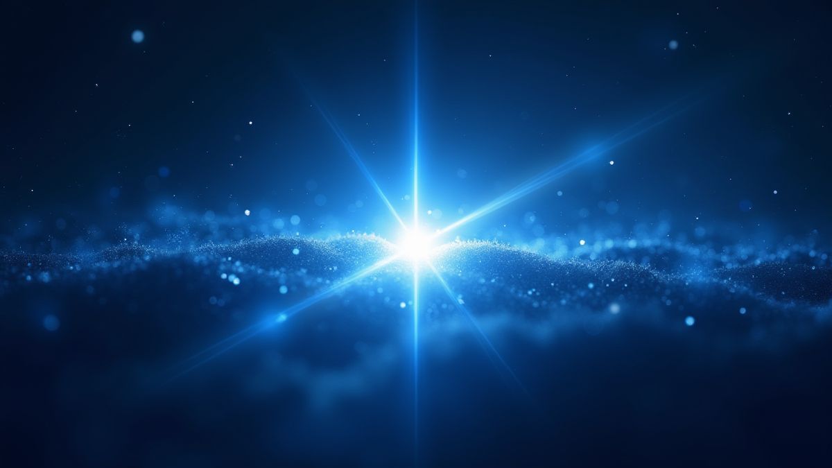 Ein leuchtender blauer Stern umgeben von funkeldem kosmischem Staub.